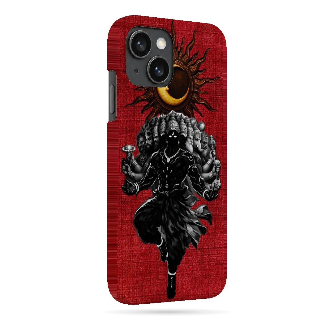Shiva Cosmic Eclipse 3D Print iPhone 15 Phone Case, right-side view; a dark Shiva figure below an eclipse on a red background