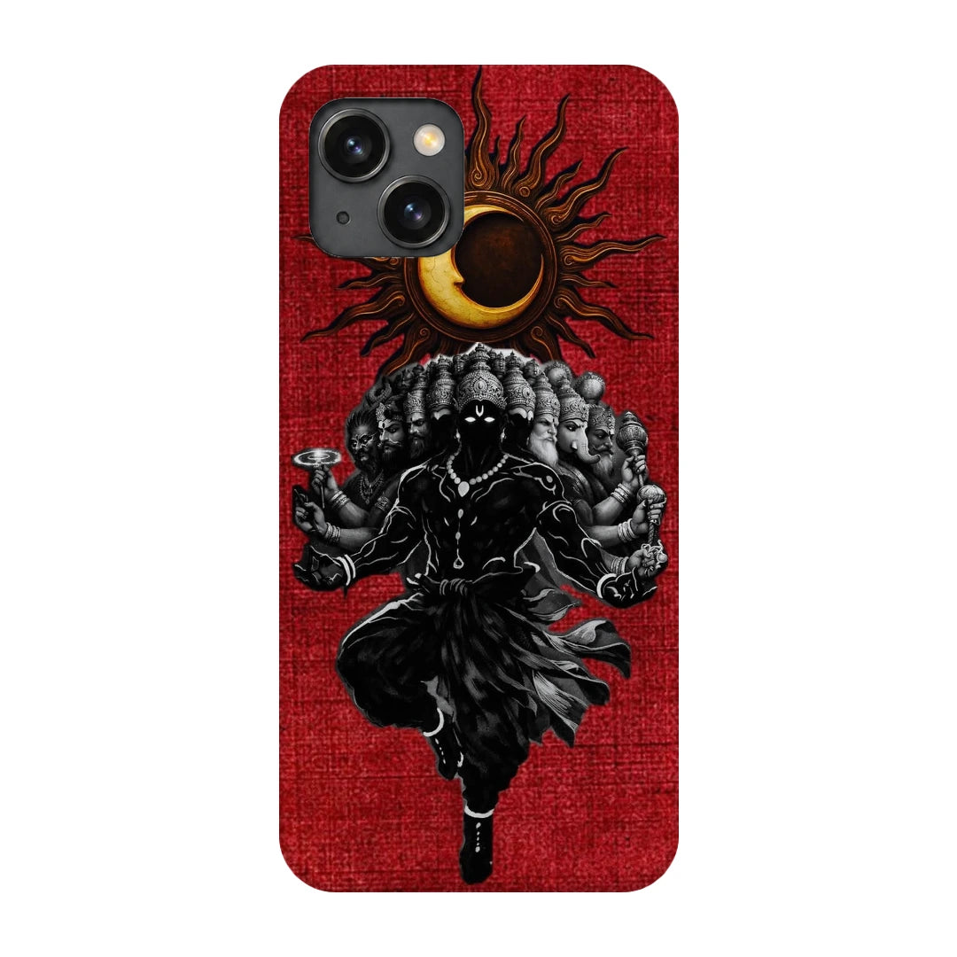 Shiva Cosmic Eclipse 3D Print iPhone 15 Plus Phone Case, back view; a dark Shiva figure below an eclipse on a red background