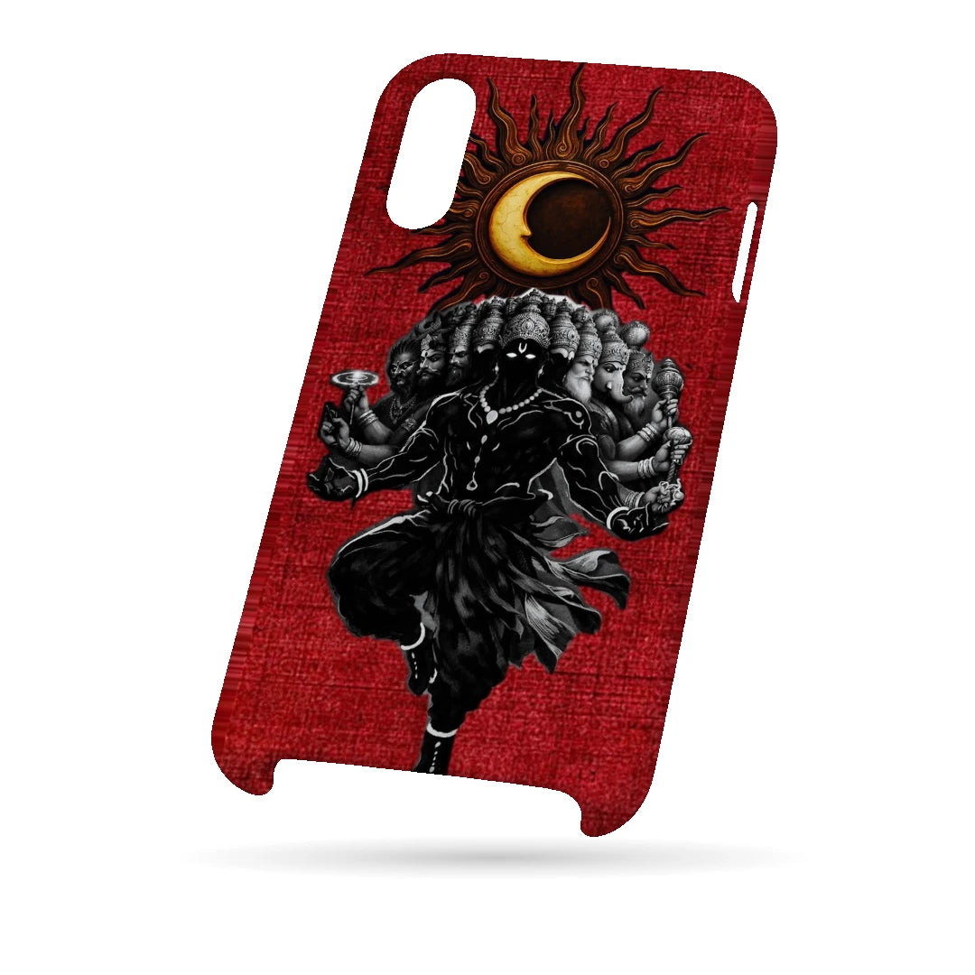 Shiva Cosmic Eclipse 3D Print iPhone X Phone Case, bottom view; a dark Shiva figure below an eclipse on a red background