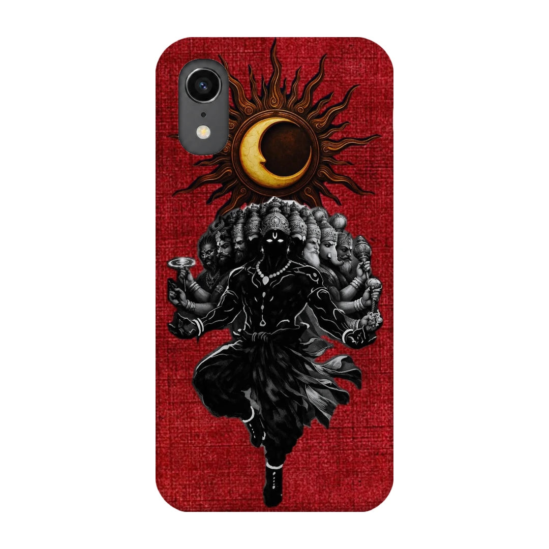 Shiva Cosmic Eclipse 3D Print iPhone XR Phone Case, back view; a dark Shiva figure below an eclipse on a red background