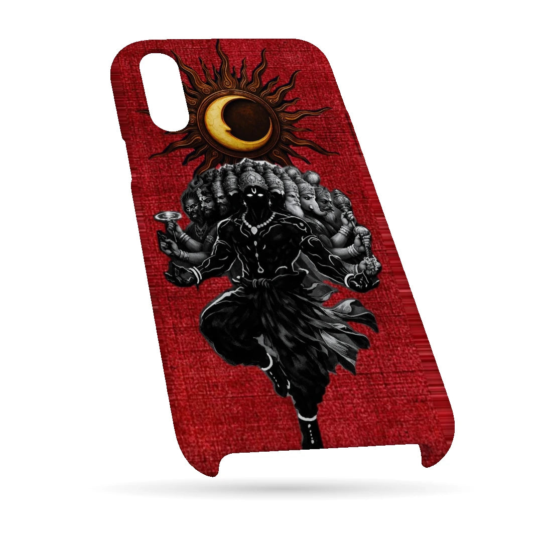 Shiva Cosmic Eclipse 3D Print iPhone XR Phone Case, bottom view; a dark Shiva figure below an eclipse on a red background