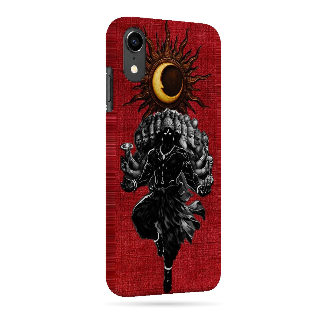 Shiva Cosmic Eclipse 3D Print iPhone XR Phone Case, right-side view; a dark Shiva figure below an eclipse on a red background