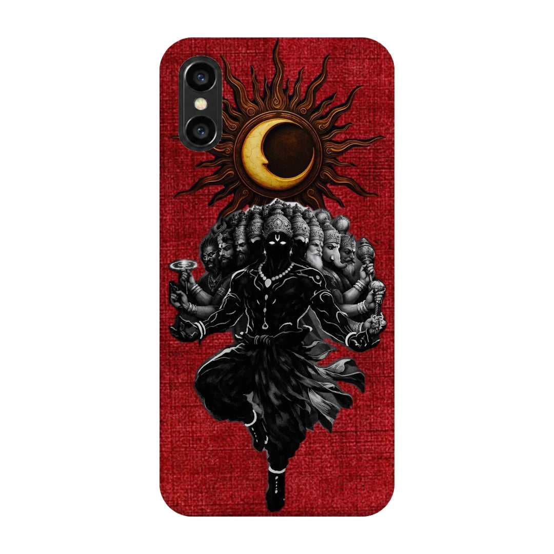 Shiva Cosmic Eclipse 3D Print iPhone XS Max Phone Case, back view; a dark Shiva figure below an eclipse on a red background