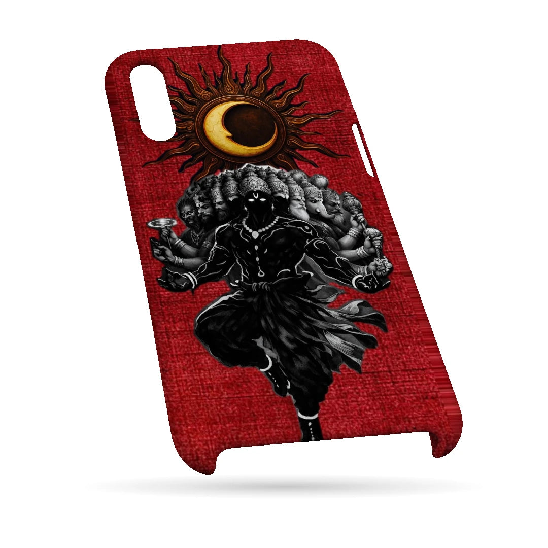 Shiva Cosmic Eclipse 3D Print iPhone XS Max Phone Case, bottom view; a dark Shiva figure below an eclipse on a red background