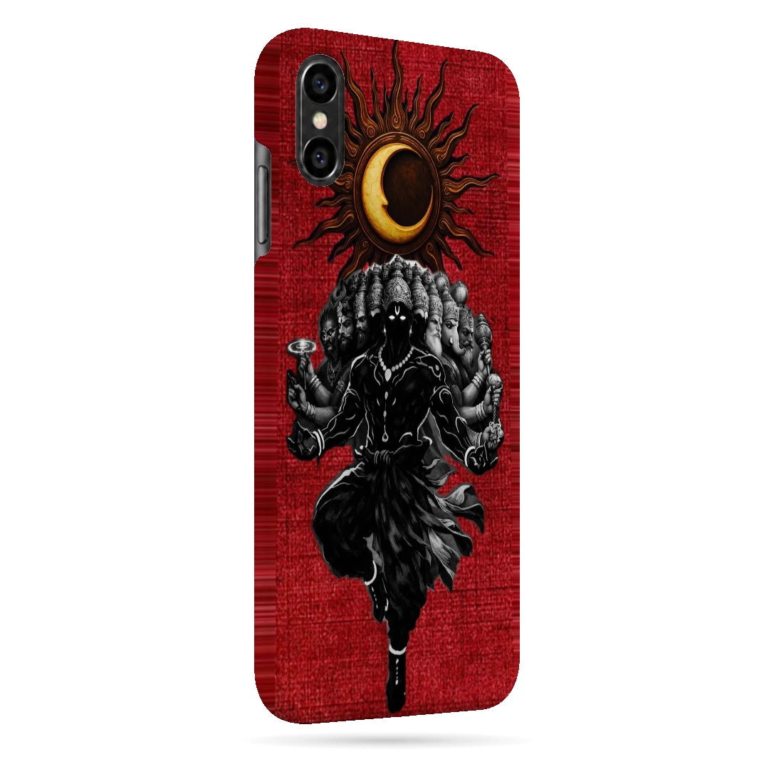 Shiva Cosmic Eclipse 3D Print iPhone XS Max Phone Case, right-side view; a dark Shiva figure below an eclipse on a red background