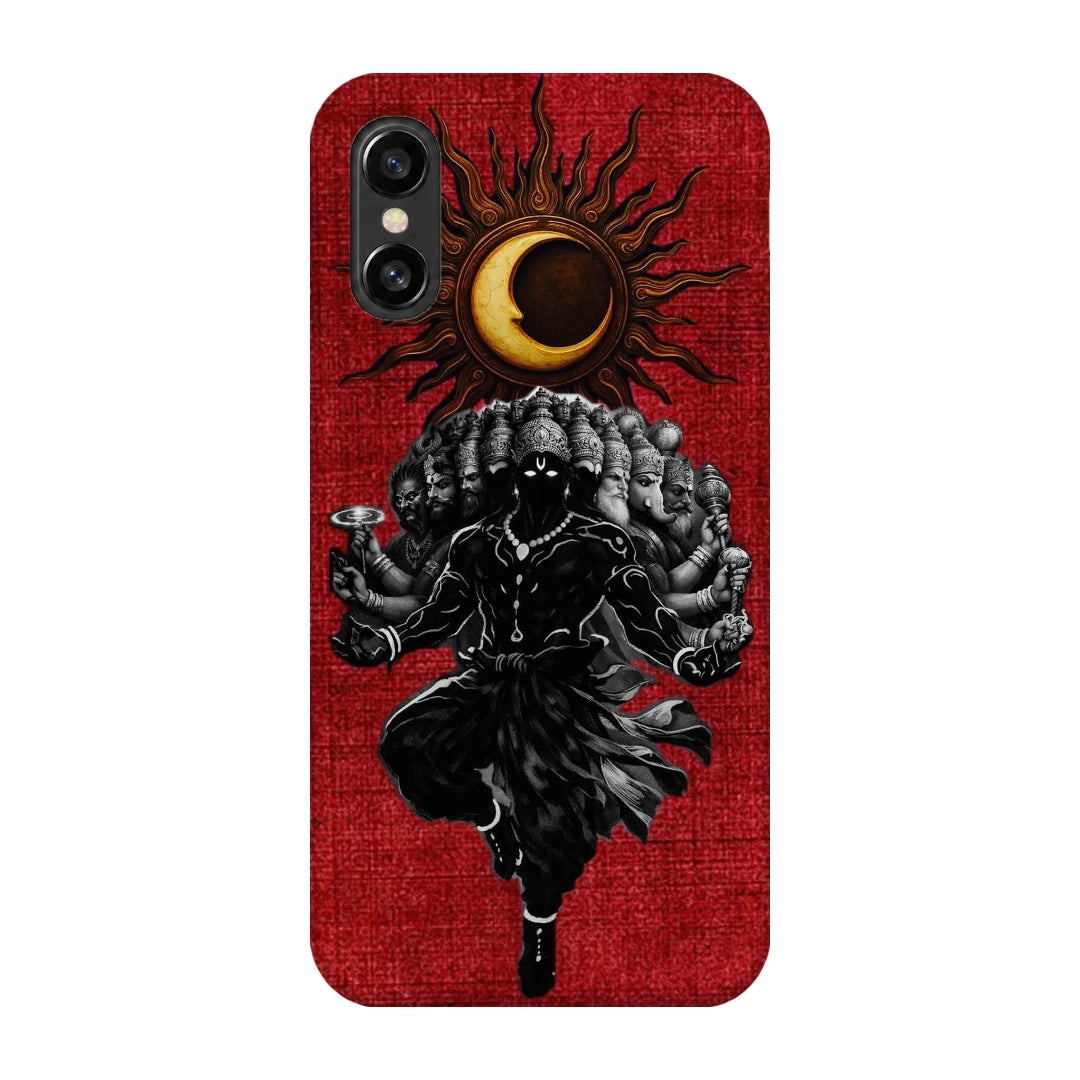 Shiva Cosmic Eclipse 3D Print iPhone XS Phone Case, back view; a dark Shiva figure below an eclipse on a red background