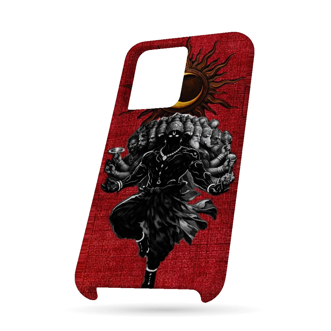 Shiva Cosmic Eclipse 3D Print OnePlus 10T Phone Case, bottom view; a dark Shiva figure below an eclipse on a red background