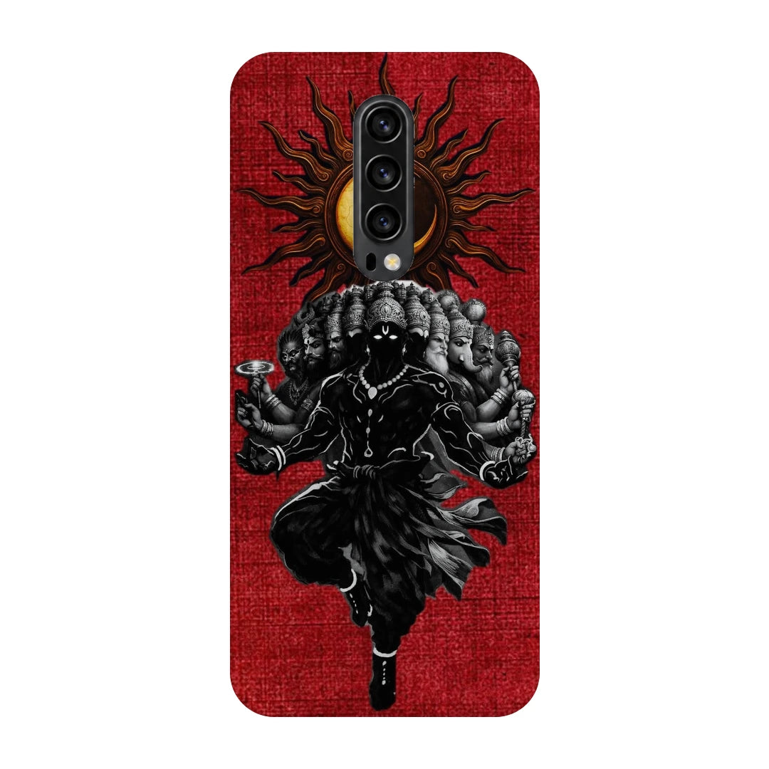 Shiva Cosmic Eclipse 3D Print OnePlus 7T Pro Phone Case, back view; a dark Shiva figure below an eclipse on a red background
