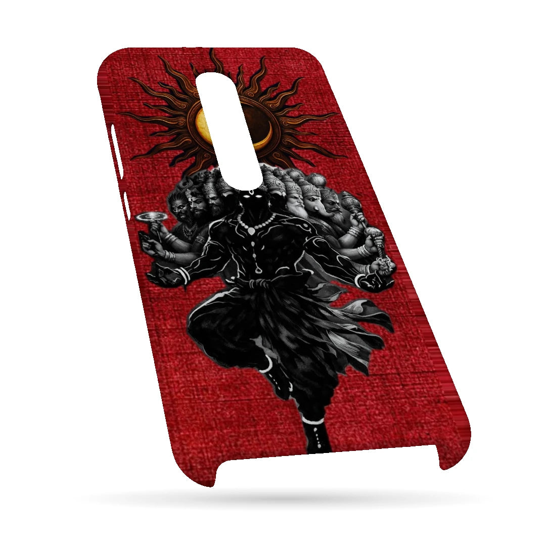 Shiva Cosmic Eclipse 3D Print OnePlus 7T Pro Phone Case, bottom view; a dark Shiva figure below an eclipse on a red background