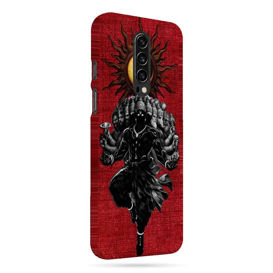 Shiva Cosmic Eclipse 3D Print OnePlus 7T Pro Phone Case, right-side view; a dark Shiva figure below an eclipse on a red background