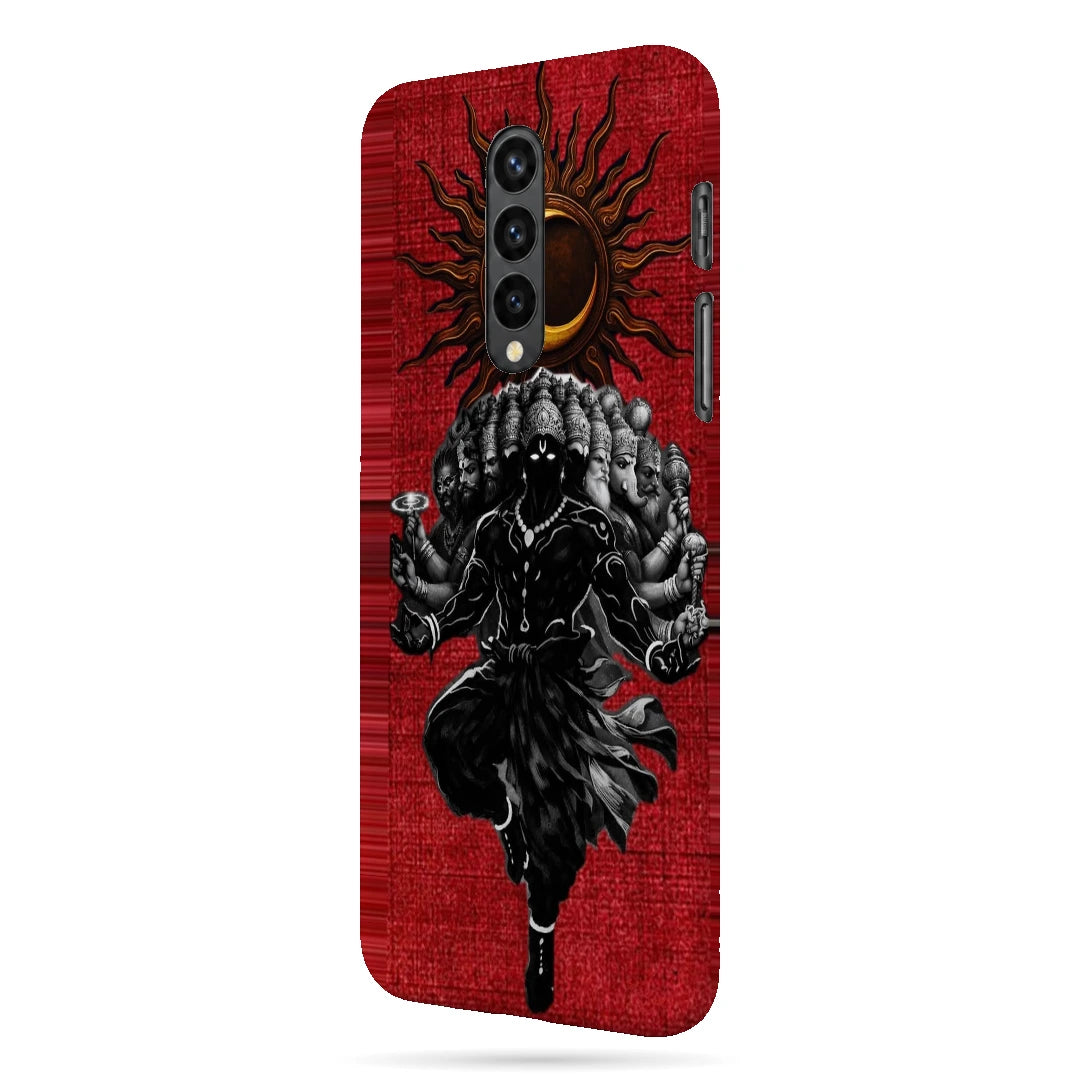 Shiva Cosmic Eclipse 3D Print OnePlus 8 Phone Case, right-side view; a dark Shiva figure below an eclipse on a red background