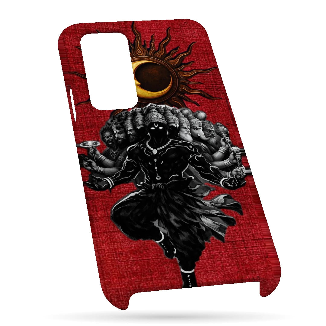 Shiva Cosmic Eclipse 3D Print OnePlus 8 Pro Phone Case, bottom view; a dark Shiva figure below an eclipse on a red background