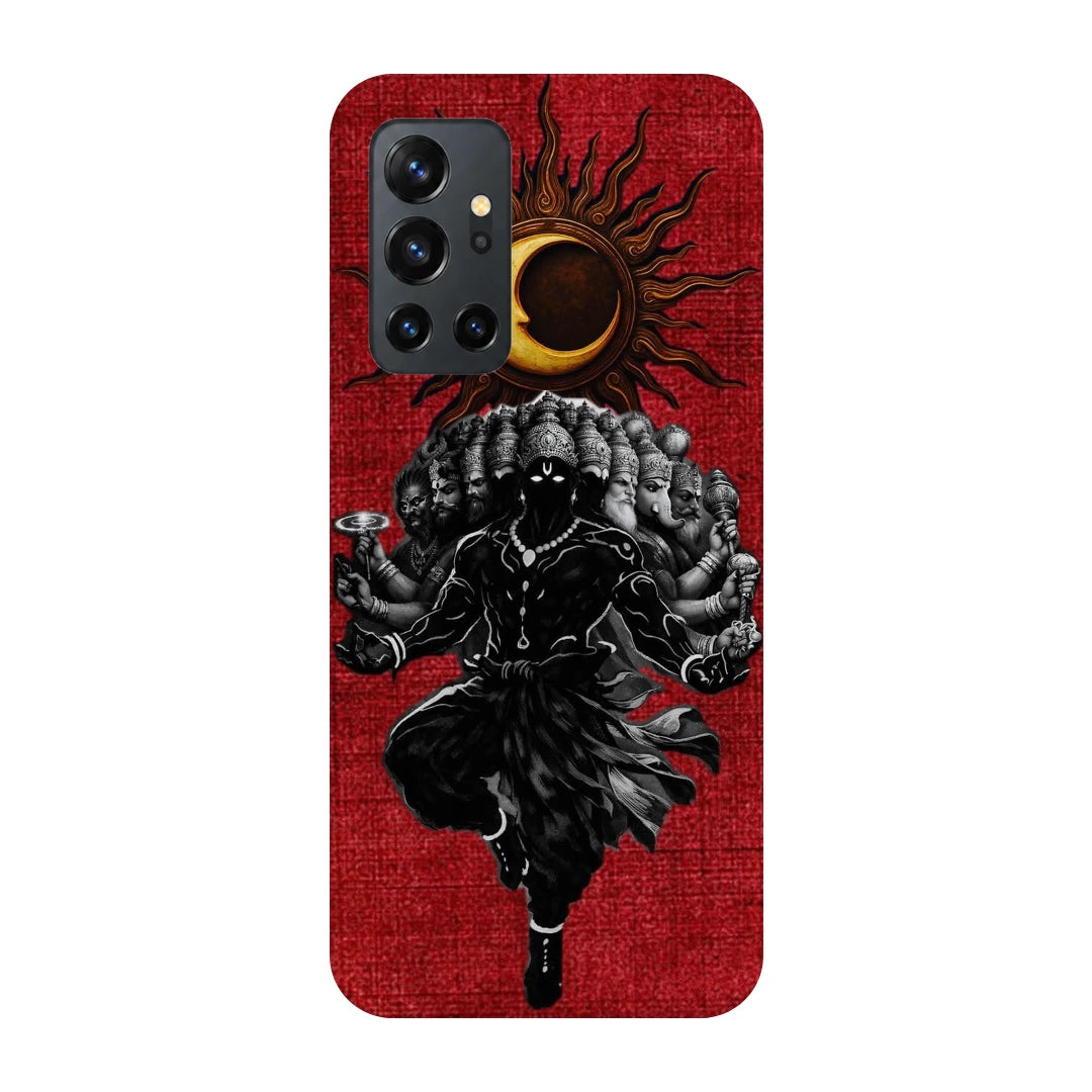Shiva Cosmic Eclipse 3D Print OnePlus 8T Phone Case, back view; a dark Shiva figure below an eclipse on a red background