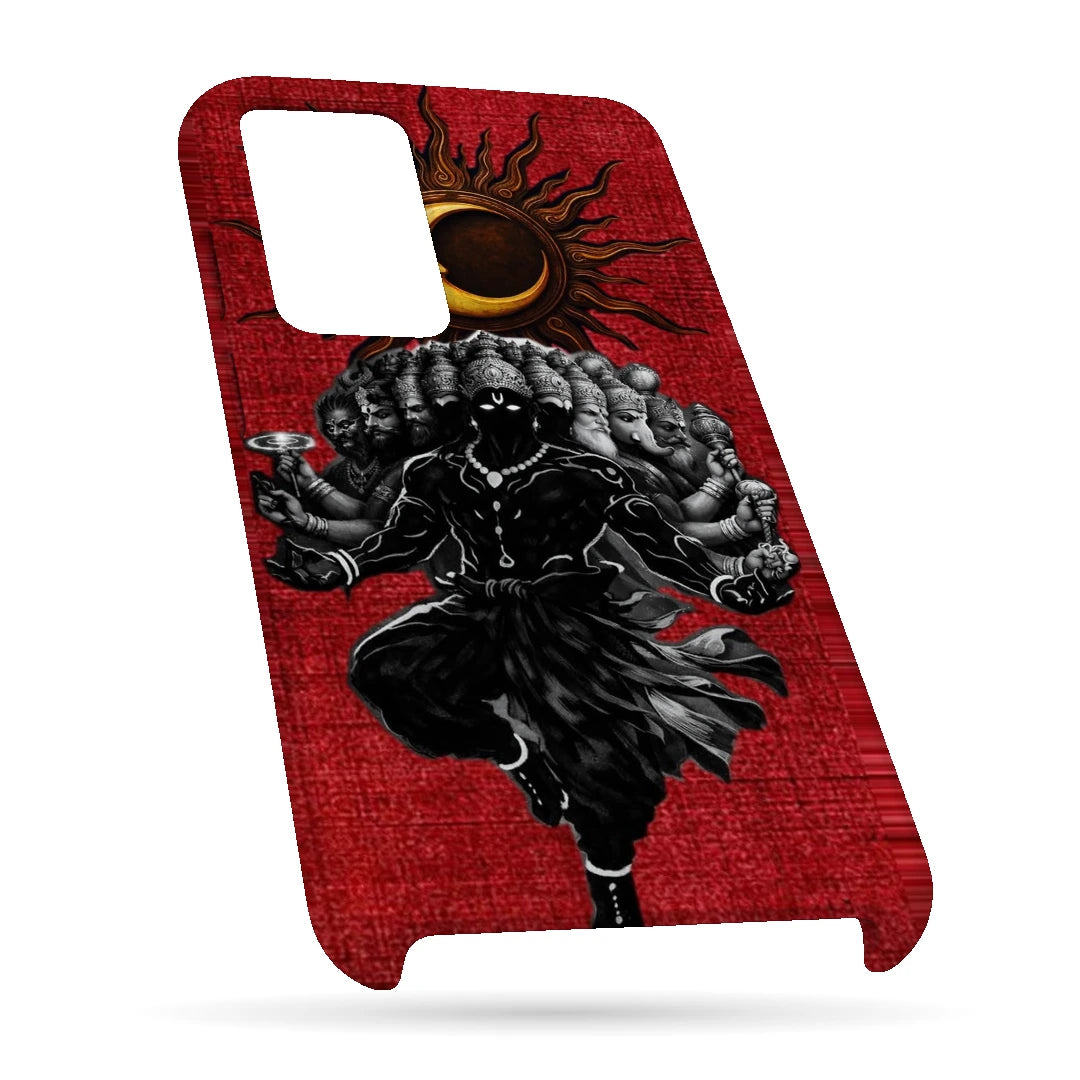 Shiva Cosmic Eclipse 3D Print OnePlus 8T Phone Case, bottom view; a dark Shiva figure below an eclipse on a red background
