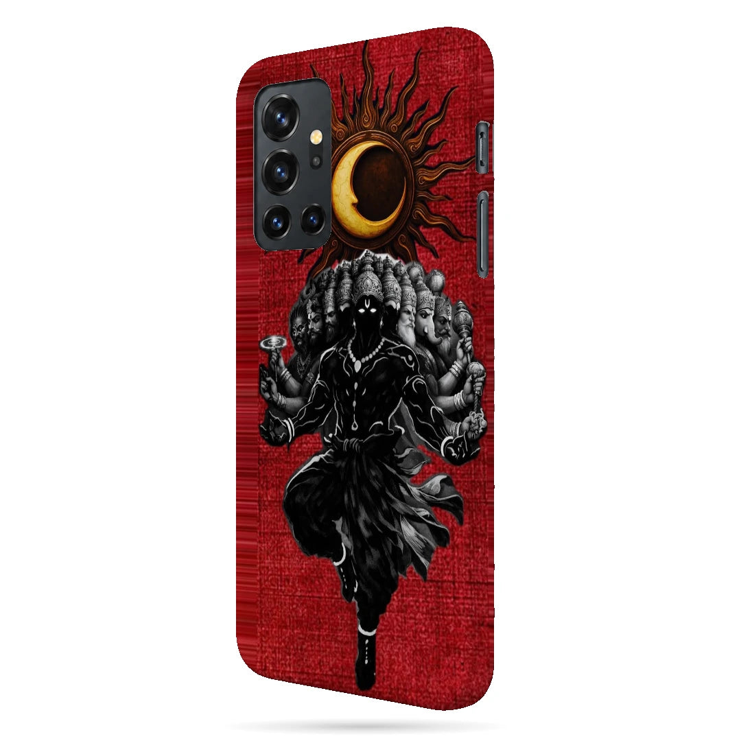Shiva Cosmic Eclipse 3D Print OnePlus 8T Phone Case, right-side view; a dark Shiva figure below an eclipse on a red background