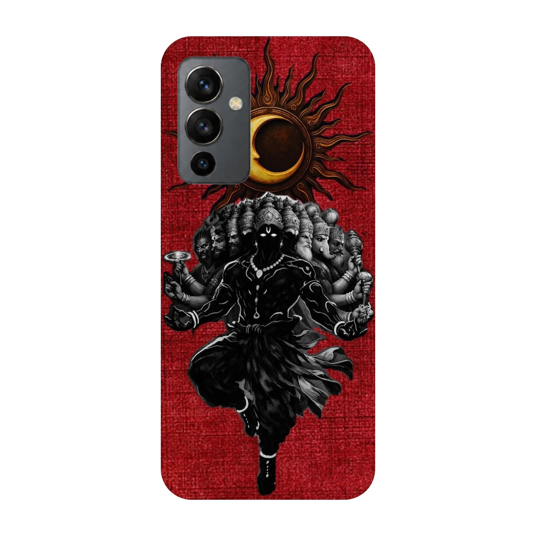 Shiva Cosmic Eclipse 3D Print OnePlus 9 Phone Case, back view; a dark Shiva figure below an eclipse on a red background