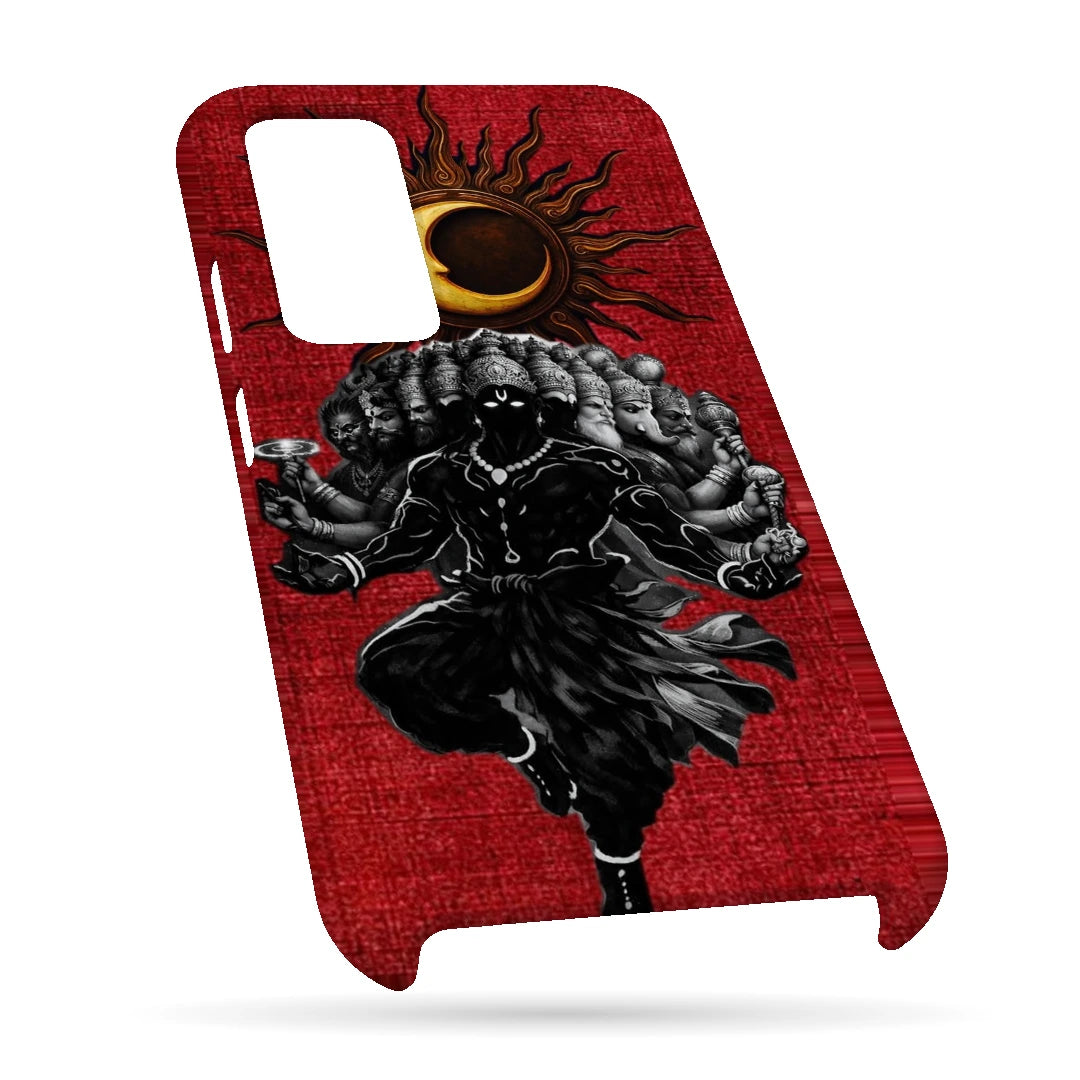 Shiva Cosmic Eclipse 3D Print OnePlus 9 Phone Case, bottom view; a dark Shiva figure below an eclipse on a red background