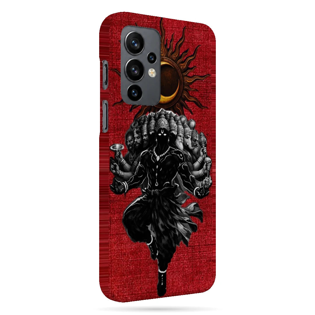 Shiva Cosmic Eclipse 3D Print OnePlus 9 Phone Case, right-side view; a dark Shiva figure below an eclipse on a red background
