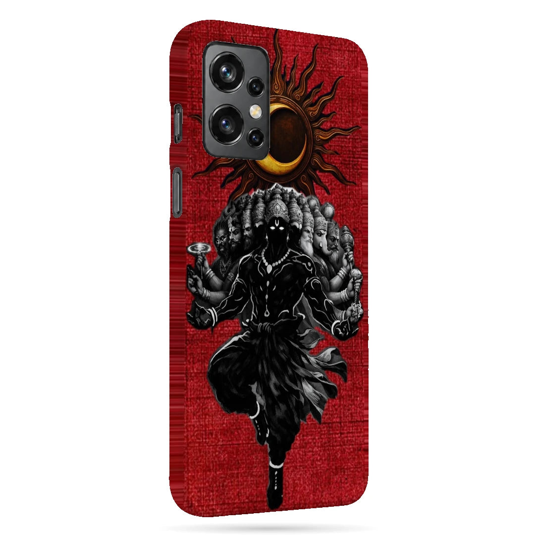 Shiva Cosmic Eclipse 3D Print OnePlus 9R Phone Case, right-side view; a dark Shiva figure below an eclipse on a red background