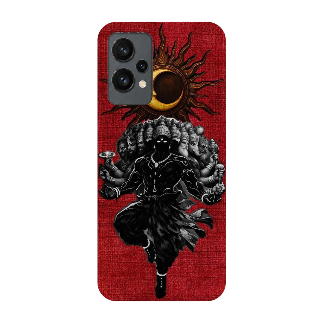 Shiva Cosmic Eclipse 3D Print OnePlus 9RT Phone Case, back view; a dark Shiva figure below an eclipse on a red background