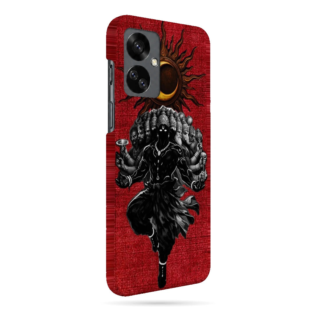 Shiva Cosmic Eclipse 3D Print OnePlus Nord 2T Phone Case, right-side view; a dark Shiva figure below an eclipse on a red background