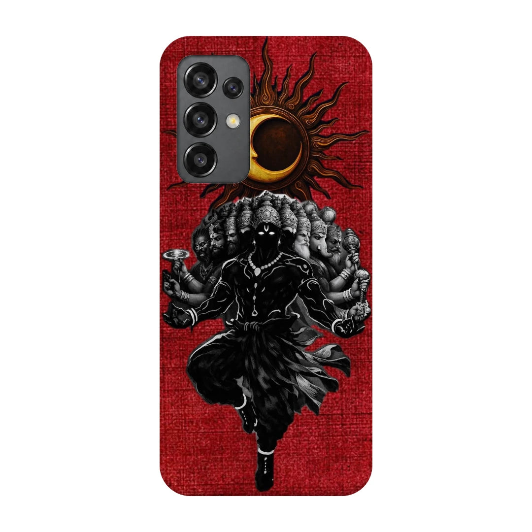 Shiva Cosmic Eclipse 3D Print Samsung M32 5G Phone Case, back view; a dark Shiva figure below an eclipse on a red background