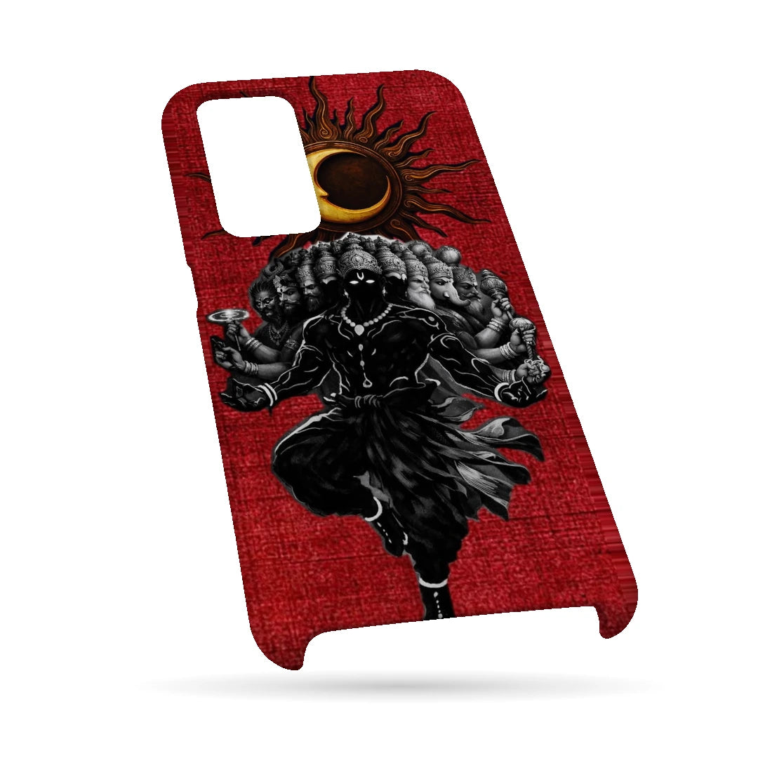 Shiva Cosmic Eclipse 3D Print Samsung M32 5G Phone Case, bottom view; a dark Shiva figure below an eclipse on a red background