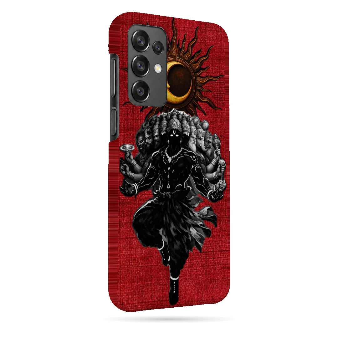 Shiva Cosmic Eclipse 3D Print Samsung M32 5G Phone Case, right-side view; a dark Shiva figure below an eclipse on a red background