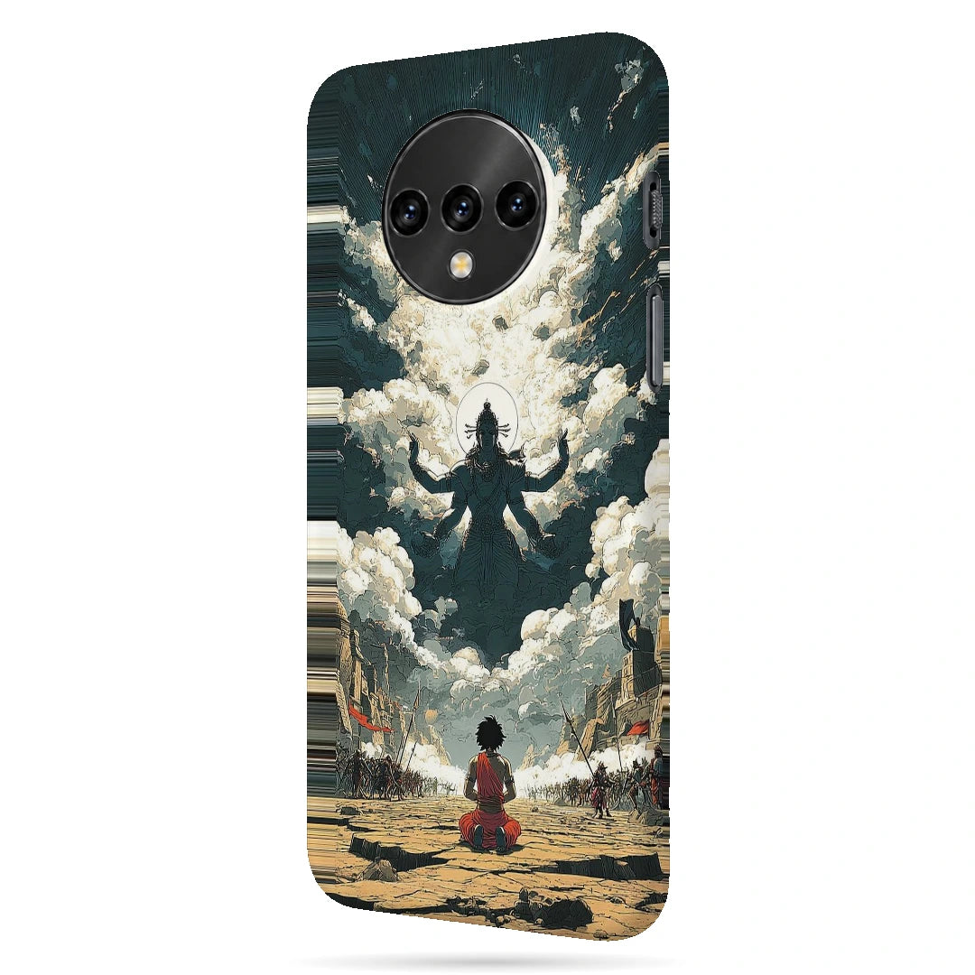 Shiva Meditation Sky 3D Print OnePlus 7T Phone Case, right-side view; a small seated figure facing a monumental Shiva silhouette among clouds