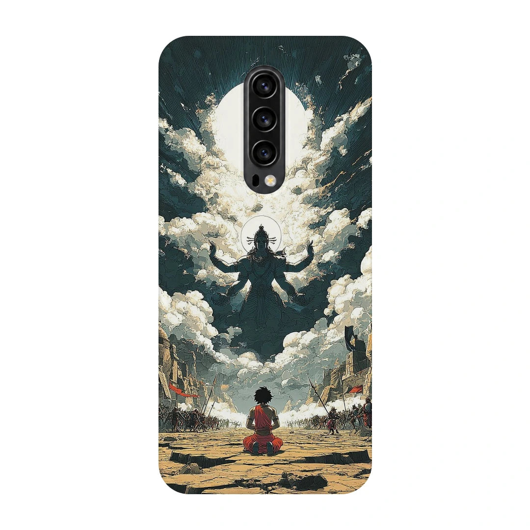 Shiva Meditation Sky 3D Print OnePlus 7T Pro Phone Case, back view; a small seated figure facing a monumental Shiva silhouette among clouds