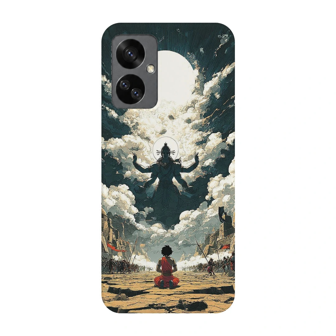 Shiva Meditation Sky 3D Print OnePlus Nord 2T Phone Case, back view; a small seated figure facing a monumental Shiva silhouette among clouds