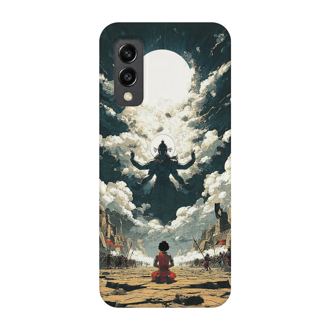 Shiva Meditation Sky 3D Print Samsung M02 Phone Case, back view; a small seated figure facing a monumental Shiva silhouette among clouds