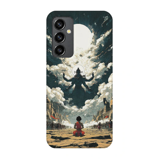 Shiva Meditation Sky 3D Print Samsung S23 FE Phone Case, back view; a small seated figure facing a monumental Shiva silhouette among clouds