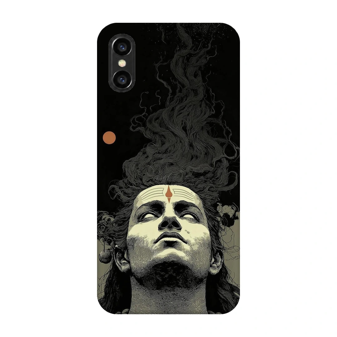 Shiva Portrait 3D Print iPhone XS Max Phone Case, back view; a grayscale Shiva portrait below flowing dark hair on a black background