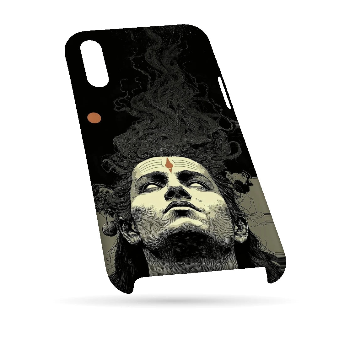 Shiva Portrait 3D Print iPhone XS Max Phone Case, bottom view; a grayscale Shiva portrait below flowing dark hair on a black background