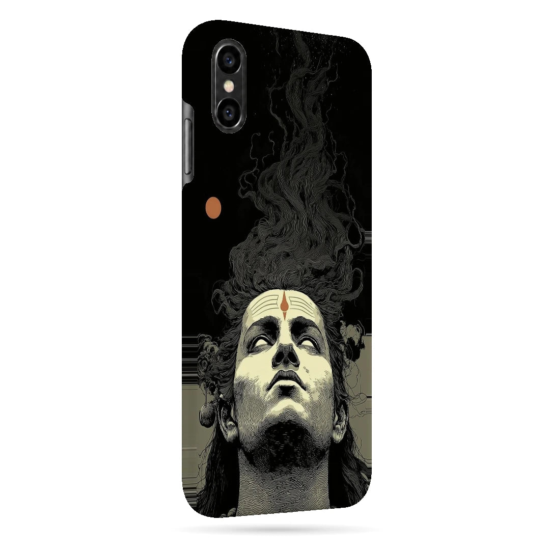 Shiva Portrait 3D Print iPhone XS Max Phone Case, right-side view; a grayscale Shiva portrait below flowing dark hair on a black background