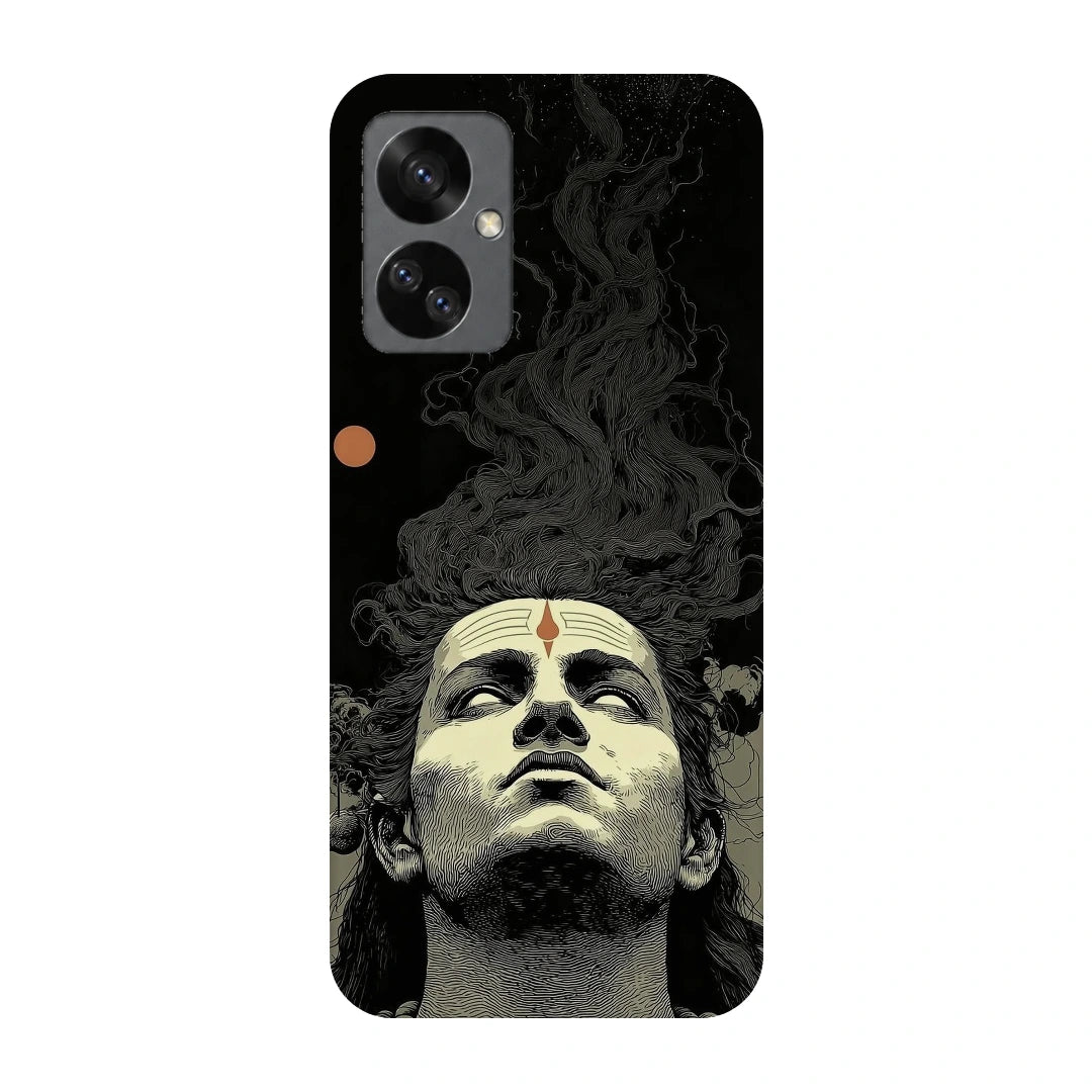 Shiva Portrait 3D Print OnePlus Nord 2T Phone Case, back view; a grayscale Shiva portrait below flowing dark hair on a black background