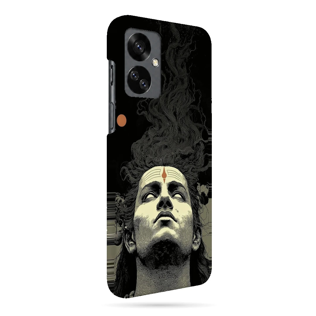 Shiva Portrait 3D Print OnePlus Nord 2T Phone Case, right-side view; a grayscale Shiva portrait below flowing dark hair on a black background