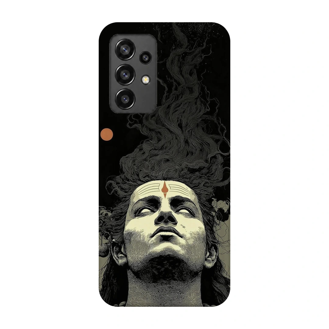 Shiva Portrait 3D Print Samsung A32 5G Phone Case, back view; a grayscale Shiva portrait below flowing dark hair on a black background