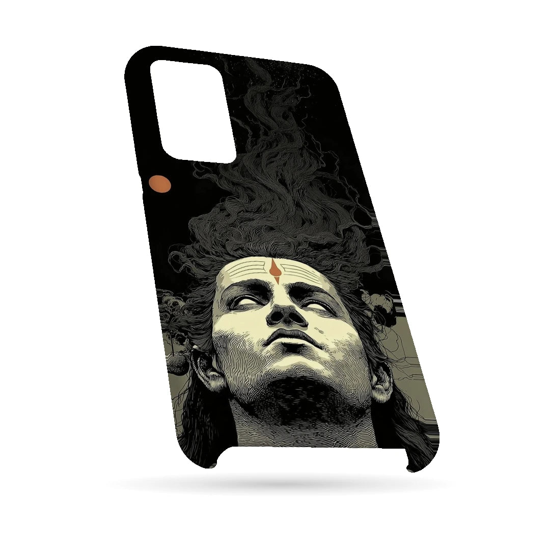Shiva Portrait 3D Print Samsung A32 5G Phone Case, bottom view; a grayscale Shiva portrait below flowing dark hair on a black background