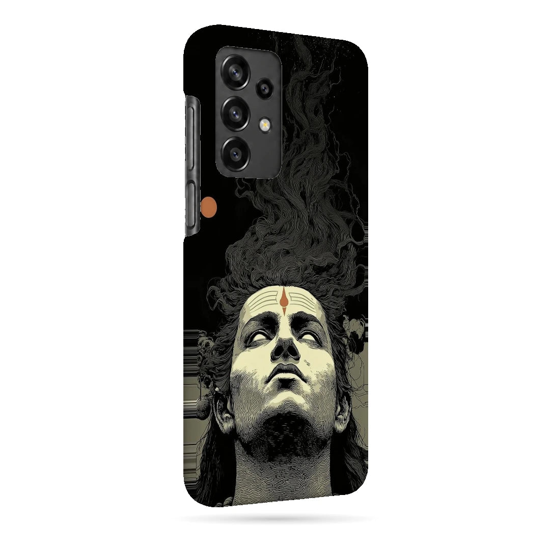 Shiva Portrait 3D Print Samsung A32 5G Phone Case, right-side view; a grayscale Shiva portrait below flowing dark hair on a black background