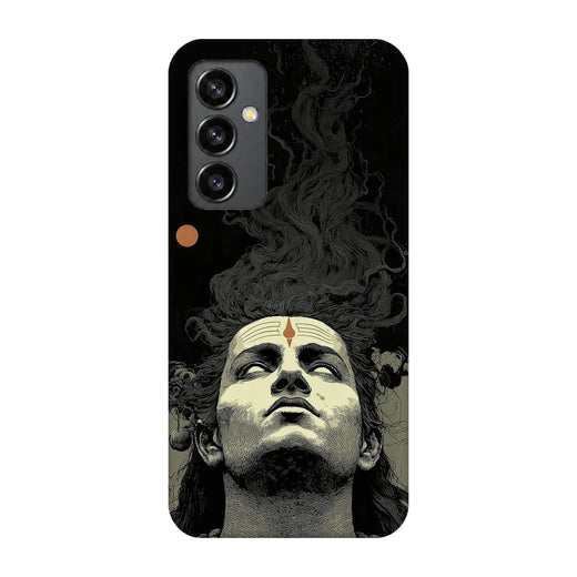 Shiva Portrait 3D Print Samsung S23 FE Phone Case, back view; a grayscale Shiva portrait below flowing dark hair on a black background