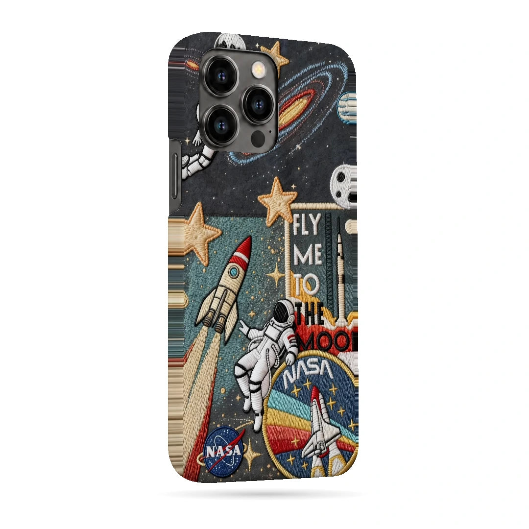 Space Explorer Collage 3D Print iPhone 13 Pro Max Phone Case, right-side view; rockets, stars, planets and astronaut graphics in a space-travel collage