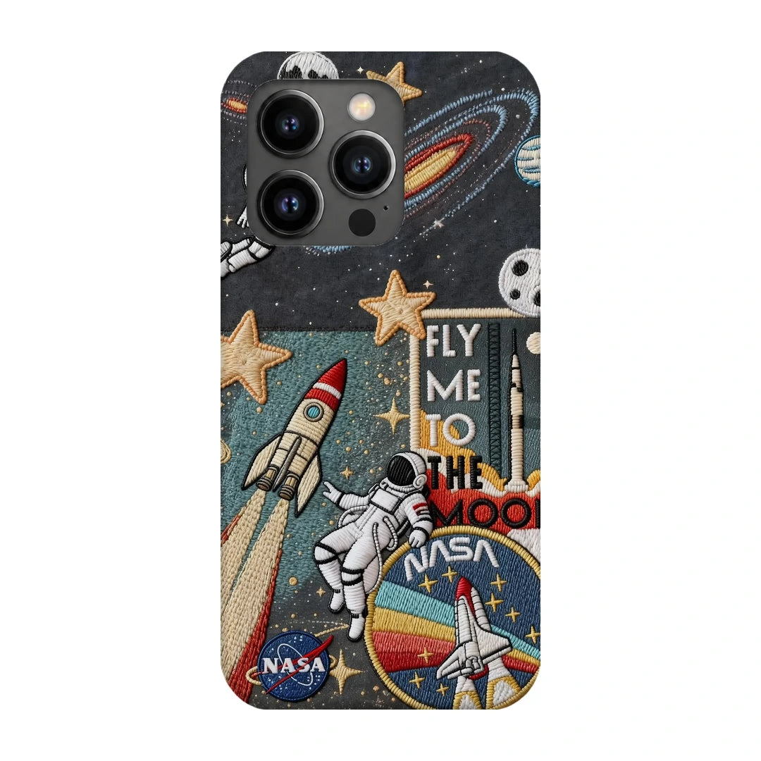 Space Explorer Collage 3D Print iPhone 13 Pro Phone Case, back view; rockets, stars, planets and astronaut graphics in a space-travel collage