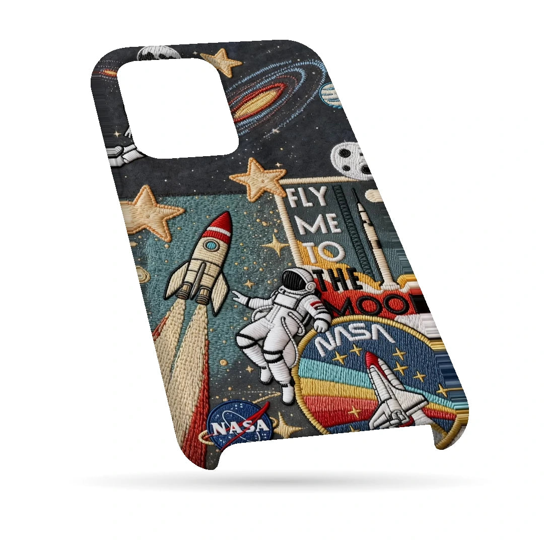 Space Explorer Collage 3D Print iPhone 13 Pro Phone Case, bottom view; rockets, stars, planets and astronaut graphics in a space-travel collage