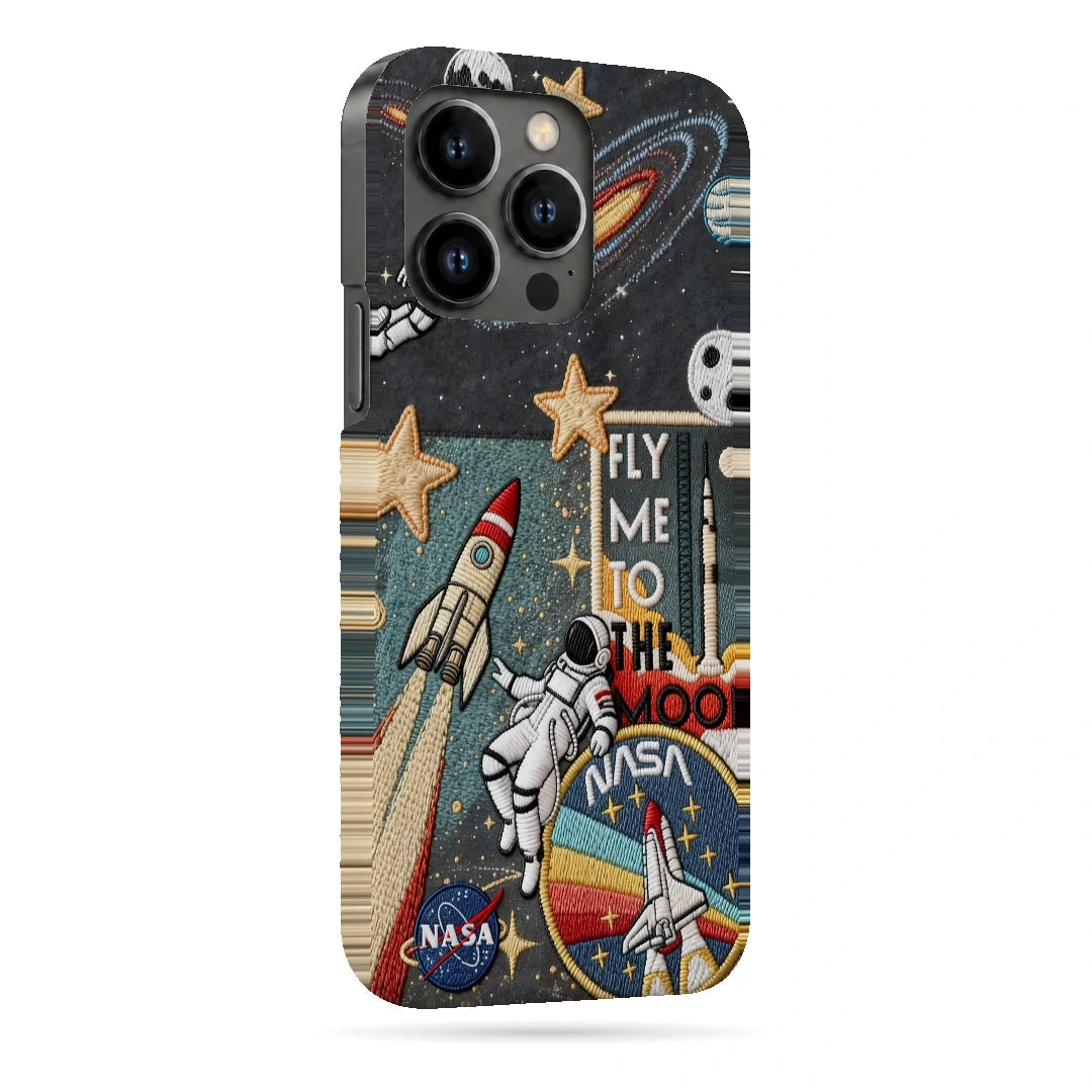 Space Explorer Collage 3D Print iPhone 13 Pro Phone Case, right-side view; rockets, stars, planets and astronaut graphics in a space-travel collage