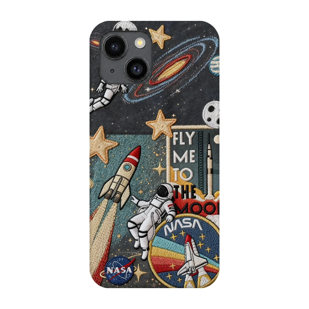 Space Explorer Collage 3D Print iPhone 14 Phone Case, back view; rockets, stars, planets and astronaut graphics in a space-travel collage