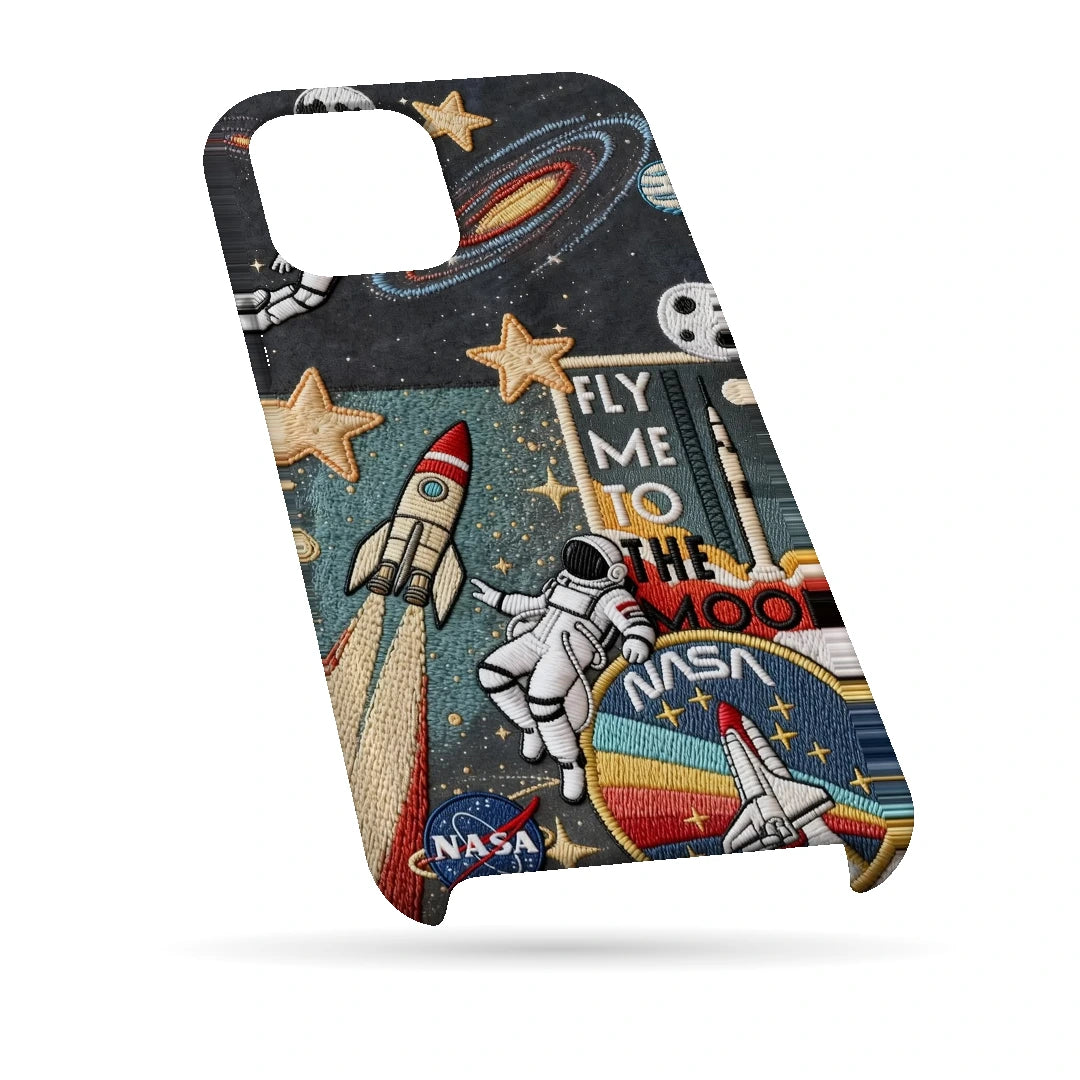 Space Explorer Collage 3D Print iPhone 14 Phone Case, bottom view; rockets, stars, planets and astronaut graphics in a space-travel collage
