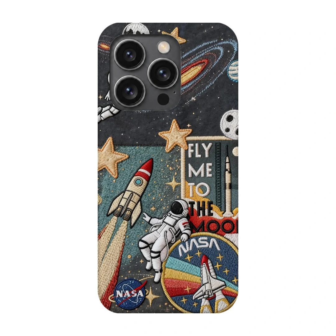 Space Explorer Collage 3D Print iPhone 14 Pro Phone Case, back view; rockets, stars, planets and astronaut graphics in a space-travel collage