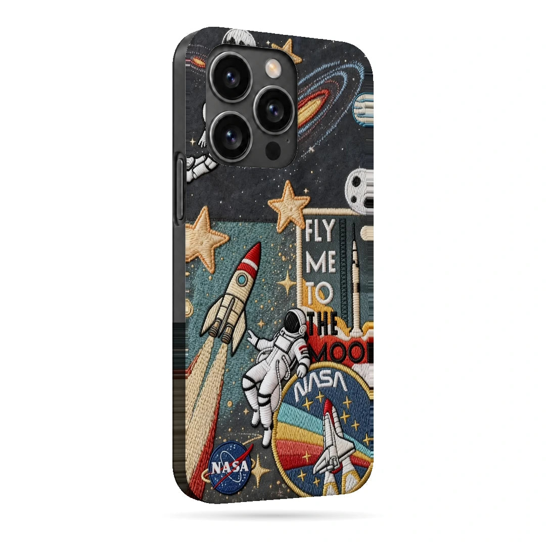 Space Explorer Collage 3D Print iPhone 14 Pro Phone Case, right-side view; rockets, stars, planets and astronaut graphics in a space-travel collage